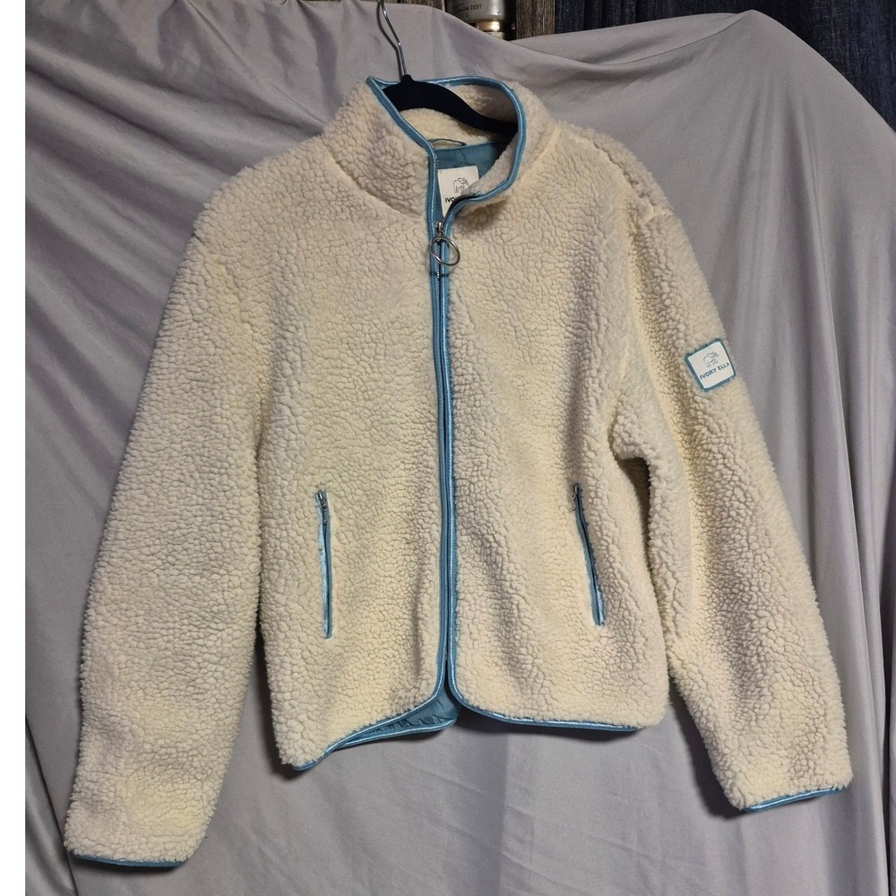 Ivory Ella Womens Cream Sherpa Fleece Jacket Full Zip Blue Trim L